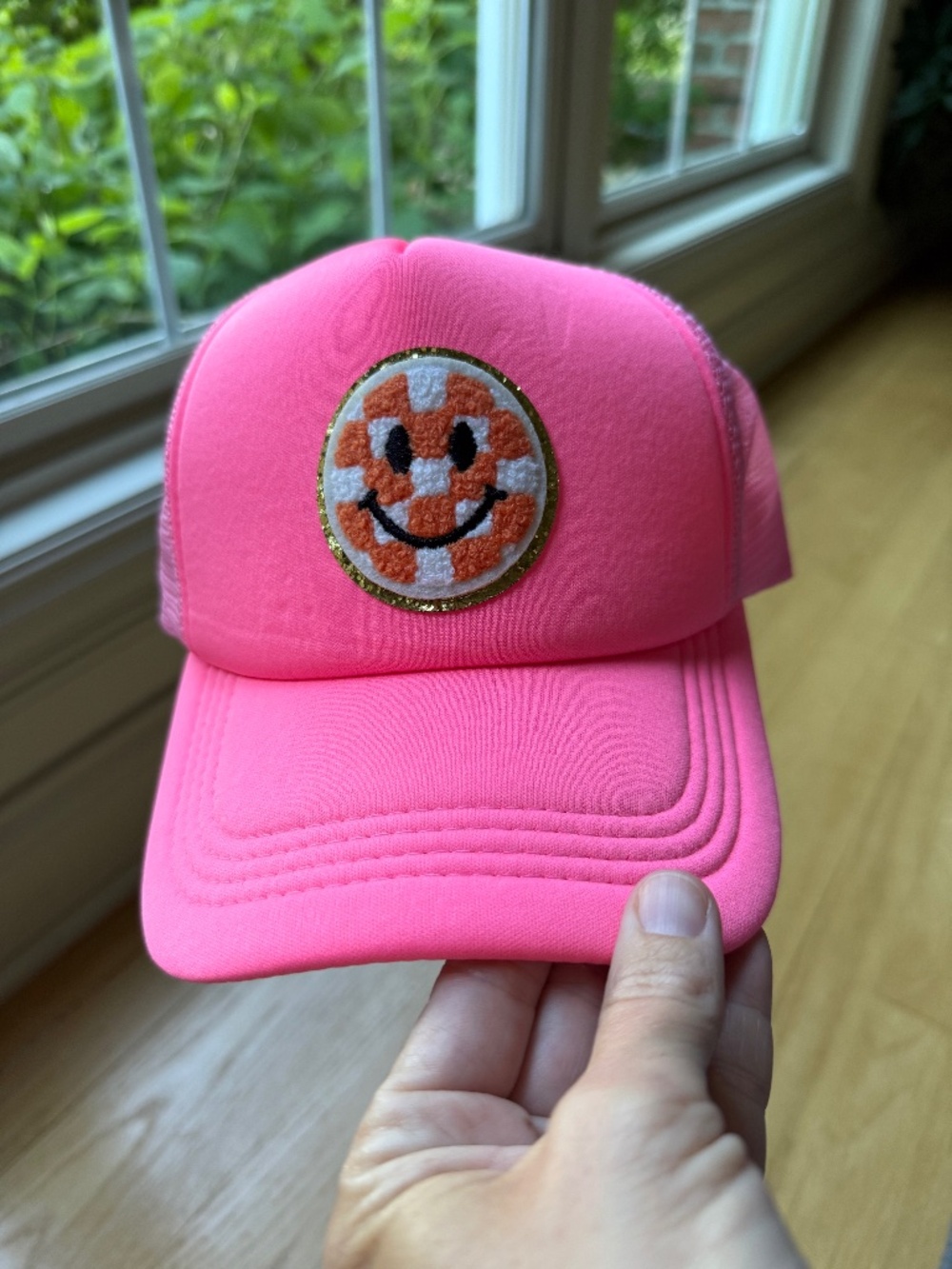 Smiley Face Foam Trucker Hat Hot Pink and Orange 🌅
